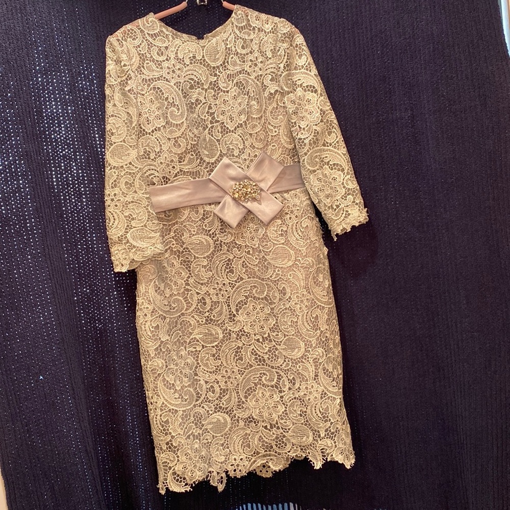 Grey lace knee length cocktail dress